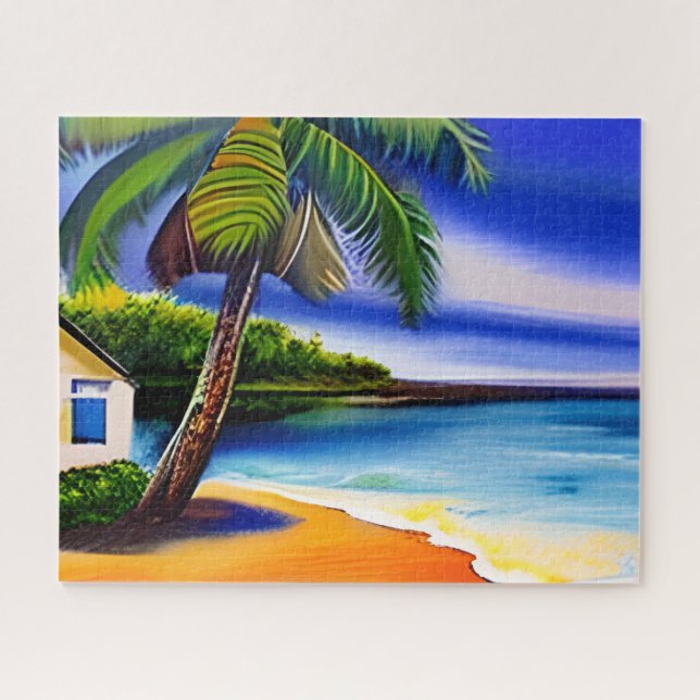 White Beach House and Blue Water Jigsaw Puzzle (Horizontal)