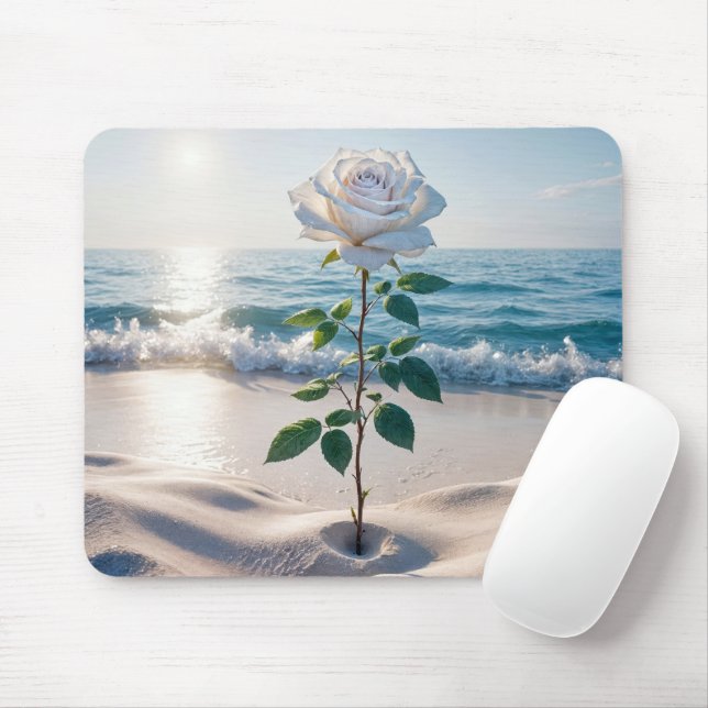 White Beach Rose Mouse Mat (With Mouse)
