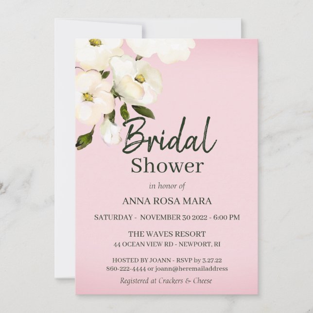 *~* White Beach Roses Bridal Pink Shower Invitation (Front)