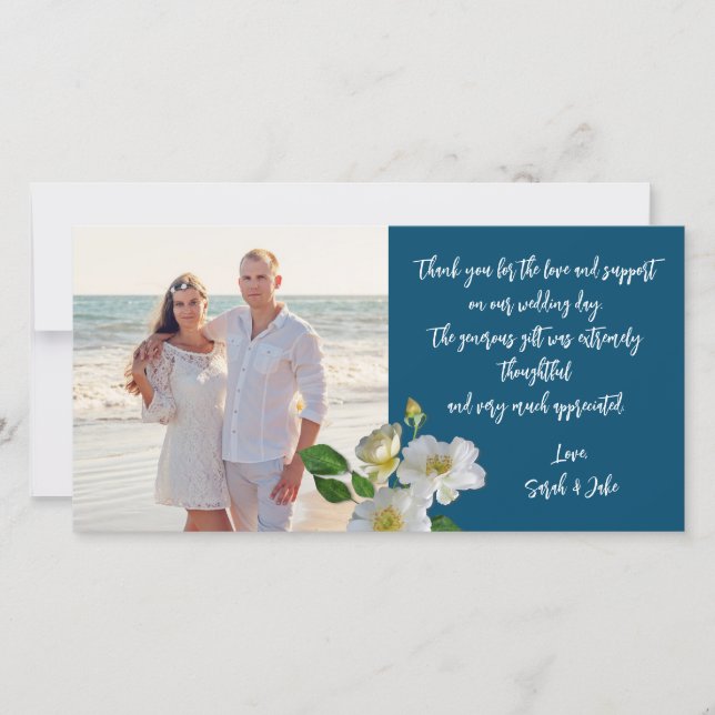 White Beach Roses Wedding Photo Thank You (Front)