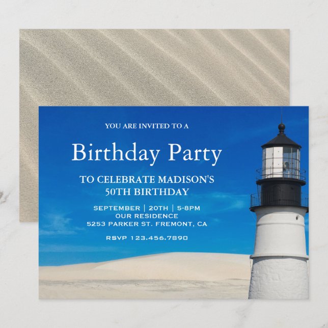 White Beach Sand Scenic Lighthouse Birthday Party Invitation (Front/Back)
