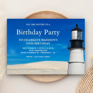 White Beach Sand Scenic Lighthouse Birthday Party Invitation
