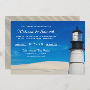 White Beach Sand Scenic Lighthouse Wedding Invite