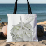 White Beach Wedding Starfish Hydrangea Welcome Tote Bag<br><div class="desc">Welcome to our wedding big tote. Large tote bag with white sea star and hydrangea flower design. Part of the Seaside Garden design line, this useable wedding favour contains two places for your text. Sample wording is a short “welcome to our wedding in [location]” to be used for a destination...</div>