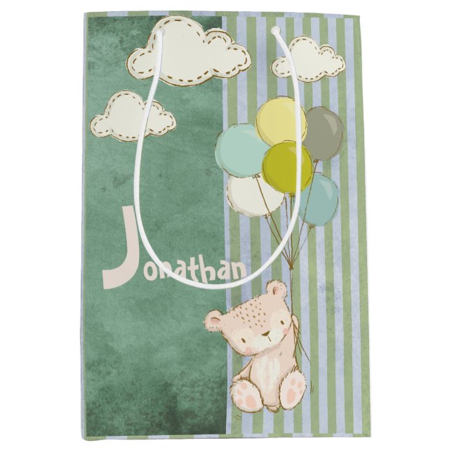 White Bear Balloons Green Cute Stripes Kids Medium Gift Bag (Front)
