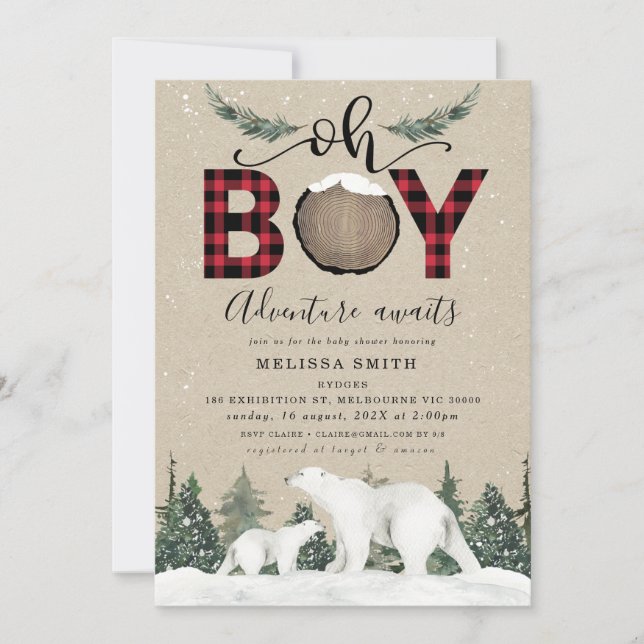 White Bear Oh Boy Flannel Lumberjack Baby Shower Invitation (Front)