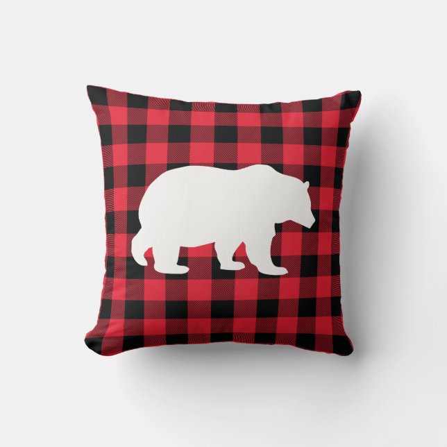 White Bear on Red Buffalo Check Throw Pillow (Front)