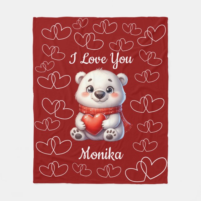 White Bear & Red I Love You Personalised Name Fleece Blanket (Front)