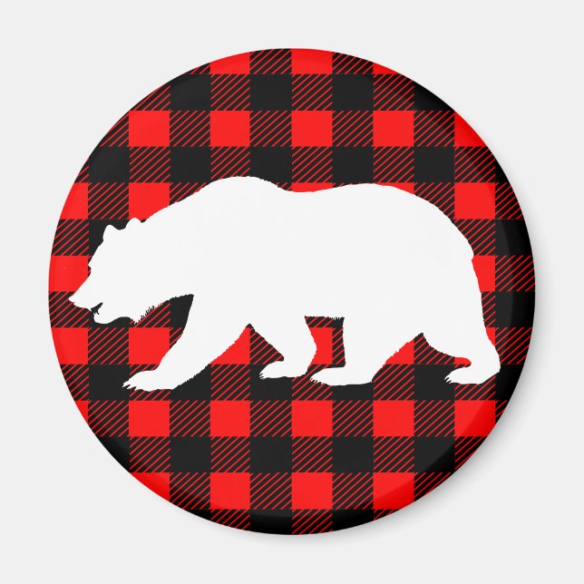White Bear & Rustic Black Red Buffalo Check Plaid Magnet (Front)