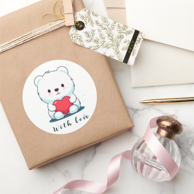 White bear with a heart, personalised classic round sticker (Gifting)