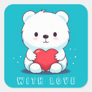 White bear with a heart, personalized square sticker