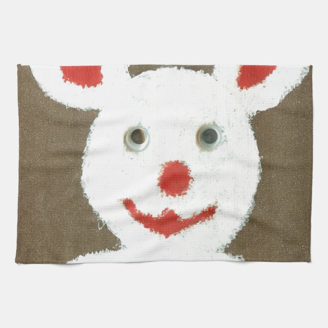 White Bear with Red Nose, Mouth, and Ears (Santa) Tea Towel (Horizontal)