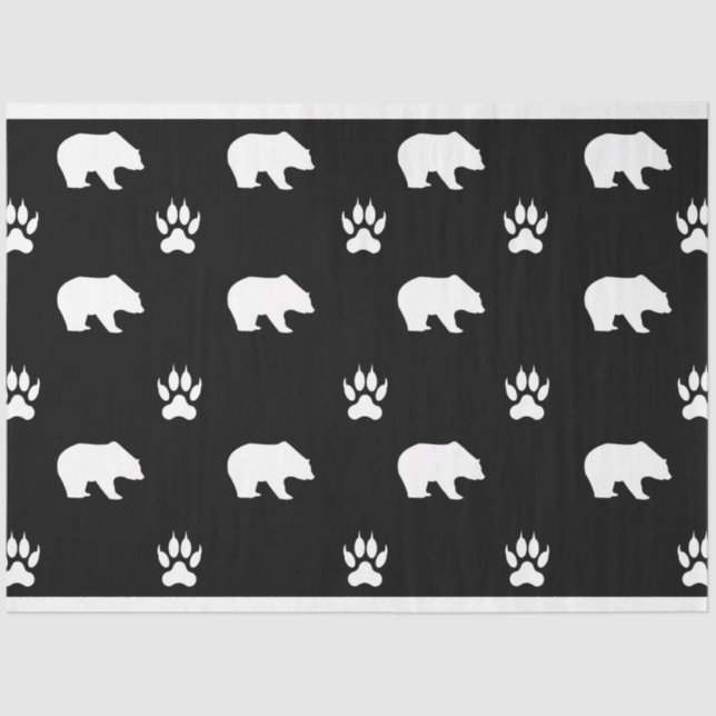 White Bears with Paw Prints on Black Background Tissue Paper (Front)