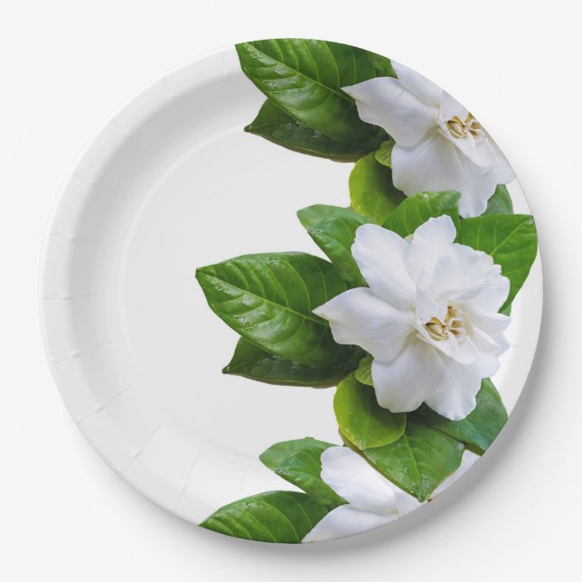 White beautiful gardenia flowers on white paper plate (Front)