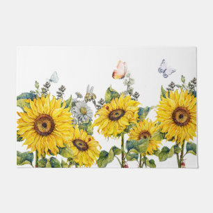 White Beautiful Sunflower Garden And Butterfly Doormat