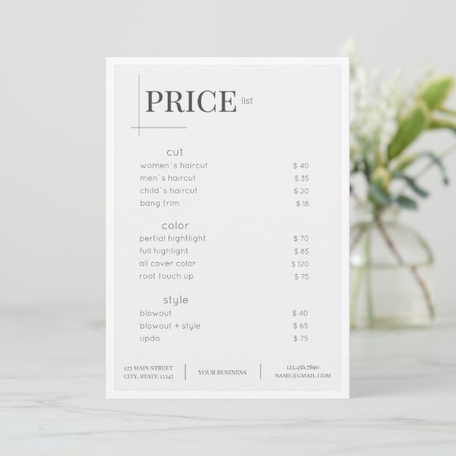 White Beauty Salon Price List Rack Card (Standing Front)