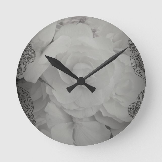White Begonia Round Clock (Front)