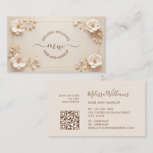 White Beige 3D Flowers Initials Business Card