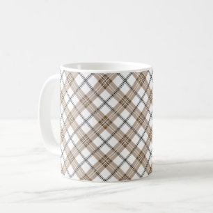 White beige black diagonal light checkered pattern coffee mug