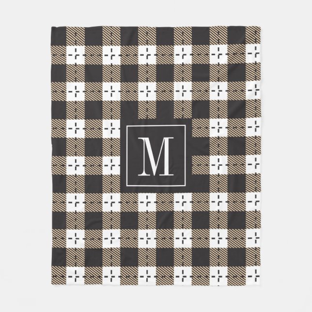 White beige & dark-purple plaid pattern fleece blanket (Front)