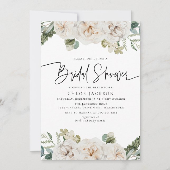 White Beige Floral Winter Greenery Bridal Shower  Invitation (Front)