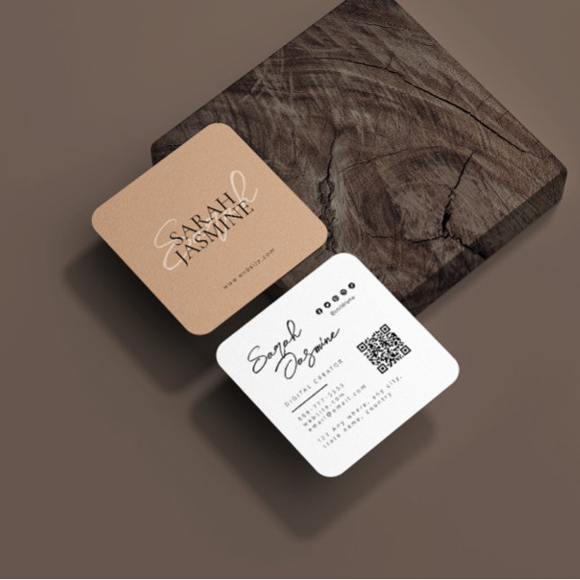 White Beige Minimalist Modern Influencer Scannable Square Business Card (Creator Uploaded)
