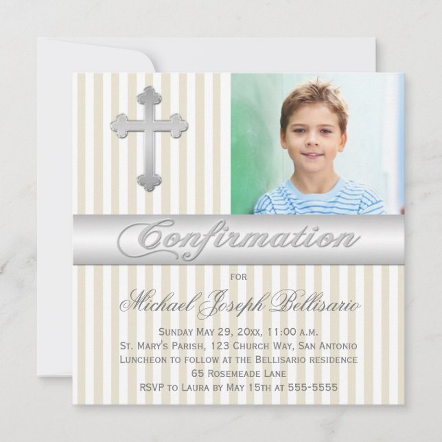 White Beige Stripes Confirmation Photo Invitation (Front)