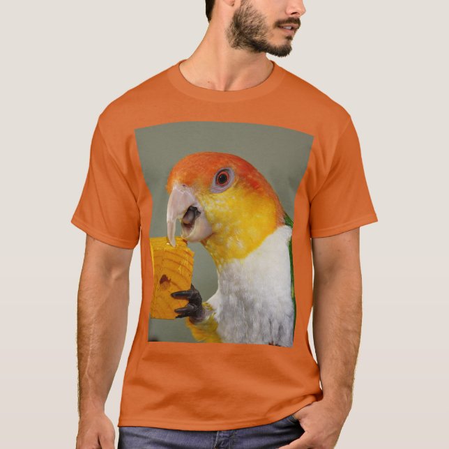 White Bellied Caique Parrot With Wood Block Toy T-Shirt (Front)