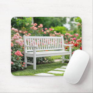 White Bench In a Summer Rose Garden Mouse Mat