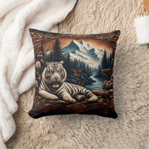 White Bengal Tiger Resting by Mountain Stream Cushion
