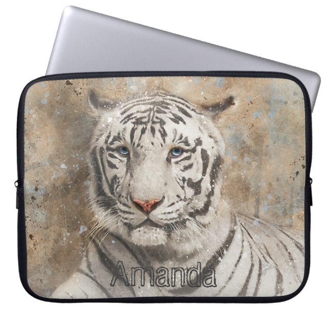 White Bengal Tiger Watercolor Monogram Laptop Sleeve (Front)