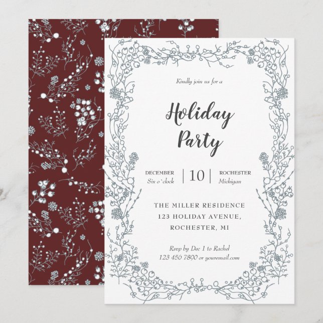 White Berries frame on velvet red holiday party Invitation (Front/Back)