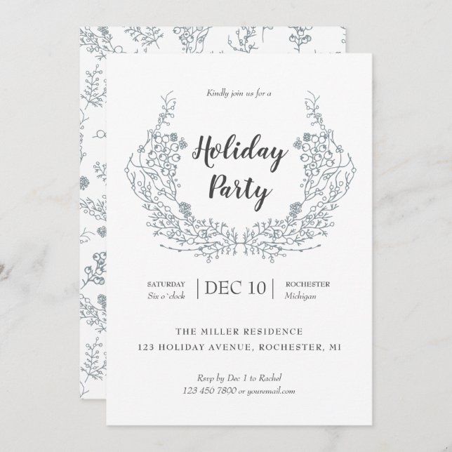 White Berries holiday laurel party Invitation (Front/Back)