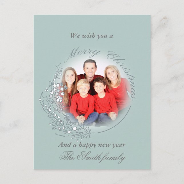 White berries on blue wreath photo christmas postcard (Front)