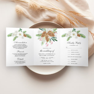 White Berries Pine Cones 3 in 1 Christmas Wedding  Tri-Fold Invitation