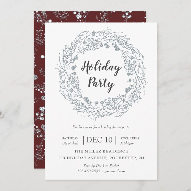 White Berries wreath winter holiday party Invitation (Front/Back)