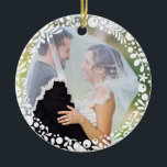 White Berry Framed Wedding Photo with Custom Text Ceramic Tree Decoration<br><div class="desc">A circle of pretty,  white,  graphic,  floral berries and leaves delicately frame your favourite wedding photo to create a perfect keepsake or give as a gift to newlyweds in celebration of their first Christmas together.
Photography by Shanna Russell Photography</div>
