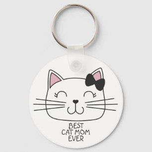 White best cat Mom ever with cute cartoon kitty Key Ring