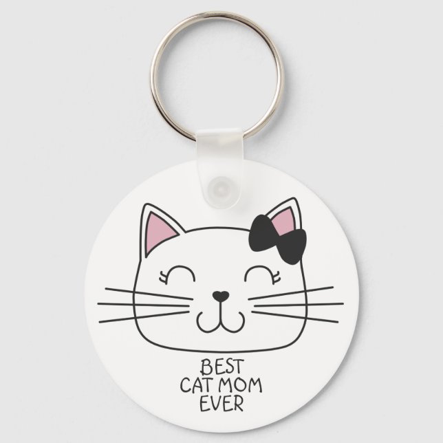 White best cat Mom ever with cute cartoon kitty Key Ring (Front)