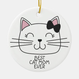 White best cat Mum ever with cute cartoon kitty Ceramic Tree Decoration
