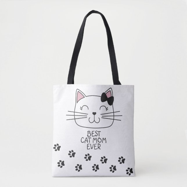 White best cat Mum ever with cute cartoon kitty Tote Bag (Front)