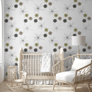 White BG Mid Century Modern Circle and Stars Wallpaper