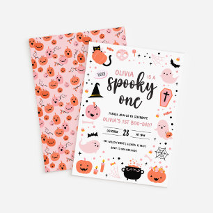 White BG Pink and Orange Halloween 1st Birthday In Invitation