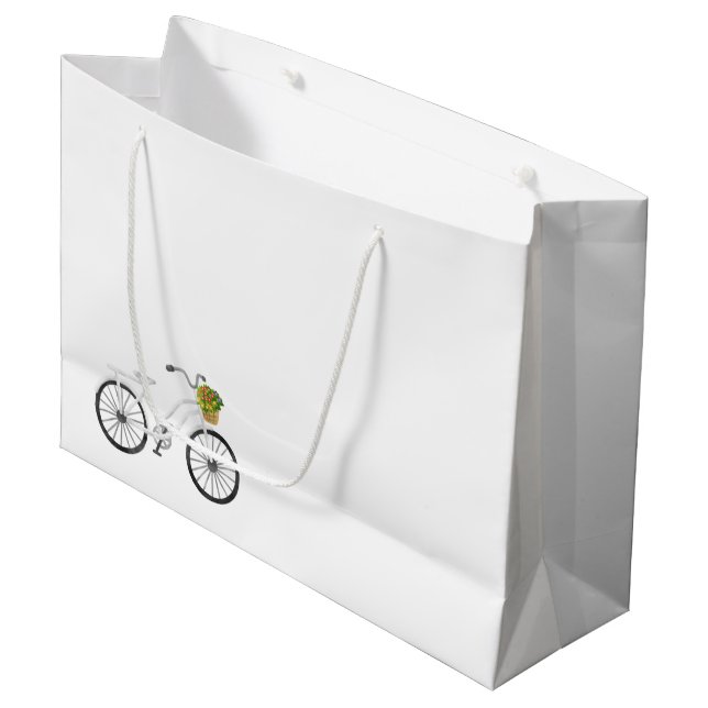 White Bicycle Happy Birthday Flower Basket Fun Large Gift Bag (Front Angled)