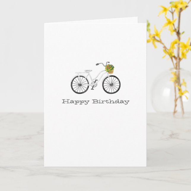 White Bicycle Happy Birthday NAME Flower Basket Card (Yellow Flower)