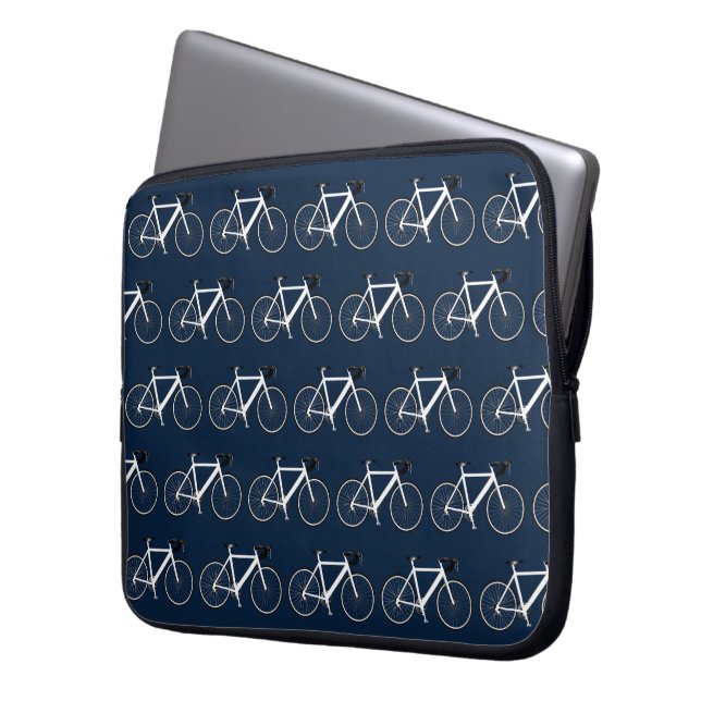 White Bicycle On Navy Blue Laptop Sleeve (Front Left)