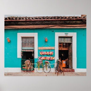 WHITE BICYCLE PARKED BESIDE TEAL PAINTED CONCRETE  POSTER