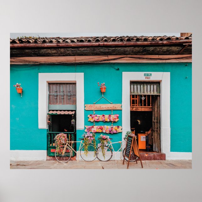 WHITE BICYCLE PARKED BESIDE TEAL PAINTED CONCRETE  POSTER (Front)