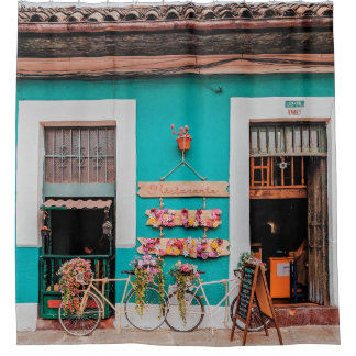WHITE BICYCLE PARKED BESIDE TEAL PAINTED CONCRETE SHOWER CURTAIN