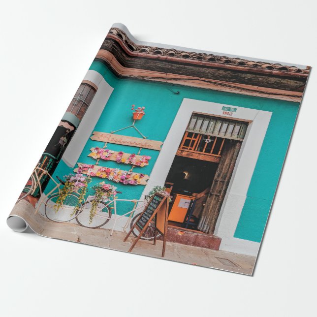 WHITE BICYCLE PARKED BESIDE TEAL PAINTED CONCRETE  WRAPPING PAPER (Unrolled)